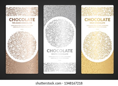 Golden packaging design of chocolate bars. Vintage vector ornament template. Elegant, classic elements. Great for food, drink and other package types. Can be used for background and wallpaper.