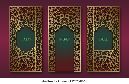 Golden packaging design in oriental style. Set of labels templates with vintage patterned frames.