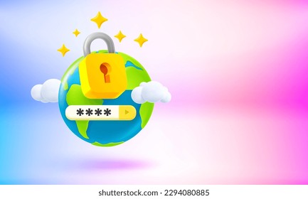 El candado dorado con teclear y pestaña contraseña. Concepto de seguridad global. Banner vectorial 3d con espacio de copia