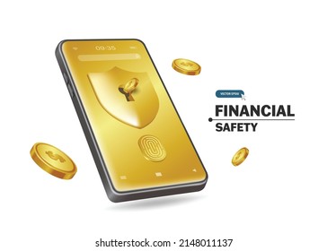 Golden padlock shield is on the smartphone screen. to prevent online money theft And there were gold coins floating round them,vector 3d isolated for financial online concept design