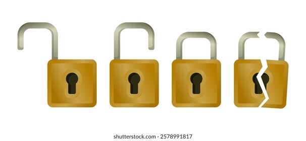 Golden Padlock Vector Illustration – Set of Open, Locked, and Broken Lock Icons for Security and Privacy Design, Isolated on White Background