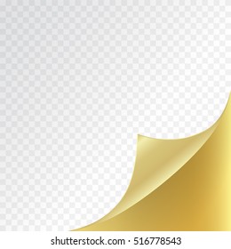 Golden page curl corner on blank sheet of paper. Turn paper sticker with flip edge isolated on transparent background. Vector web banner for your design.