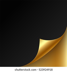 Golden Page Curl Corner On Blank Sheet Of Paper. Turn Paper Sticker With Flip Edge Isolated On Black Background. Vector Web Banner For Your Design.