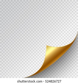 Golden page curl corner on transparent blank sheet of paper. Turn paper sticker with flip edge isolated on transparent background. Vector web banner for your design.