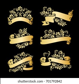 Golden page decoration graphic elements. Gold ribbons set with acanthus. Royal or premium ribbons design for casino, wine wrapping, elegant emblem, engraving,greetings, anniversary.