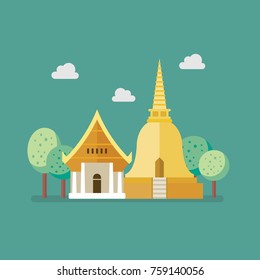 Golden pagoda and buddhism temple. Flat style vector illustration