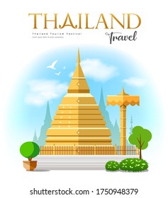 Golden pagoda, North Thailand travel design on cloud and sky background, vector illustration