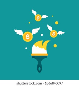 Golden paint brush and flying dollar coins on blue. designer, artist business success. Inspiration, creative work. Achieve goals, financial success, business income concept. Vector illustration