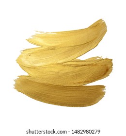 Golden paint brush stroke on white background. Vector illustration. Gold yellow paint vector textured abstract brushes