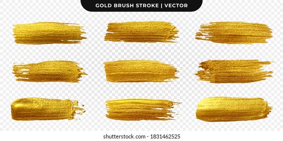 Golden paint brush stroke. Set of gold paint smear with glittering texture. Realistic gold brush stroke with metallic effect. Vector