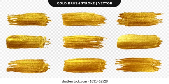 Golden paint brush stroke. Set of gold paint smear with glittering texture. Realistic gold brush stroke with metallic effect. Vector