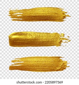 Golden paint brush stroke. Set of gold paint smear with glittering texture. Realistic gold brush stroke with metallic effect on transparent background. Vector