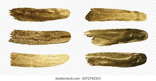 Golden paint brush stroke. vector gold glitter texture. set of gold paint with glittering texture metallic effect. golden color painted design elements collection on transparent background.