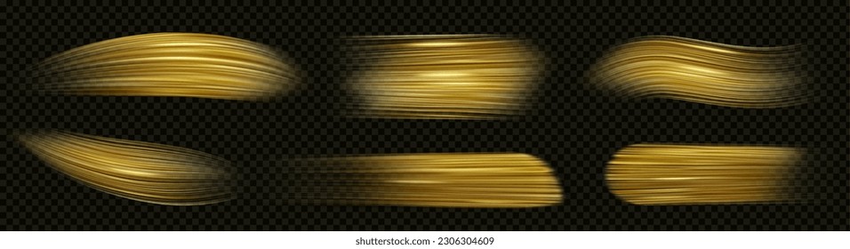 Golden paint brush strokes. Abstract stains texture, hand drawn gold color smears, shiny yellow smudges isolated on transparent background, vector realistic illustration