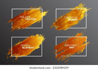 Golden paint brush strokes isolated on dark background. Elegant paintbrush set. Textured effect bundle. Graphic design elements grungy painted style concept for ads, offer, big, mega, or flash sale