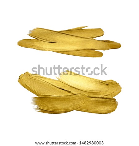 Golden paint brush strokes on white background. Vector illustration. Gold yellow paint vector textured abstract brushes set.