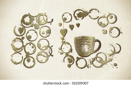 Golden  paint cup, splashes and harts isolated on background. Golden drawn cup  coffee with splashes and blots.