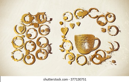 Golden paint cup, splashes and harts isolated on background. Golden drawn cup coffee with splashes and blots.