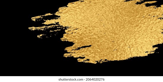 Golden paint foil brush stroke on black. Gold sparkle glossy metallic grunge or smudge paint texture isolated on black background, golden hot foil. Vector gold glitter gradient brush stroke.Vector EPS