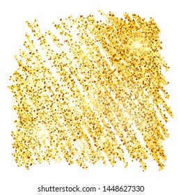 Golden Paint Glittering backdrop on a white background. Background with gold sparkles and glitter effect. Empty space for your text.  Vector illustration