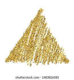 Golden paint hand drawn glittering triangle on a white background. Background with gold sparkles and glitter effect. Empty space for your text.  Vector illustration