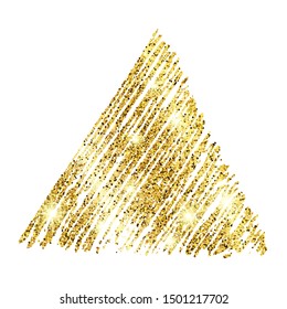 Golden paint hand drawn glittering triangle on a white background. Background with gold sparkles and glitter effect. Empty space for your text.  Vector illustration