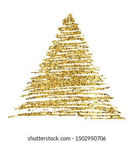 Golden paint hand drawn glittering triangle on a white background. Background with gold sparkles and glitter effect. Empty space for your text.  Vector illustration