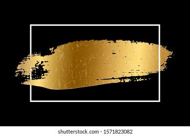 Golden paint smear stain with white frame. Vector gold brush stroke design element