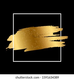 Golden paint smear stain with white square frame. Vector gold brush stroke design element