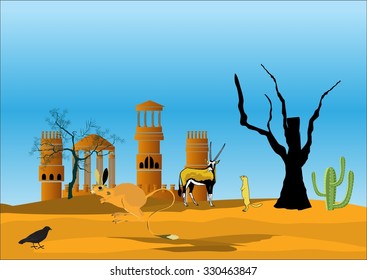 Golden palace,in desert, blue sky background, tree silhouette