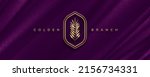 Golden palm branch logo on purple background. Luxury banner concept. Vector illustration.