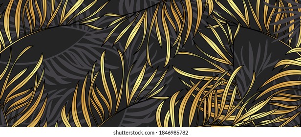 Golden palm leaf botanical  background vector. Tropical line arts  design for wall arts, vector arts, fashion textile patterns, textures, posters, wrappers, gifts etc.
