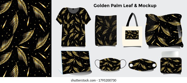  golden palm leaf and mockup. can be applied to t-shirts, tote bags, masks, pillows, wall clocks, pillowcases, and so on.