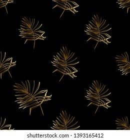 Golden palm leaf seamless pattern background. Gold tropical foliage on black backdrop. Repeatable tile for decoration summer vacation ads. 