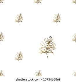 Golden palm leaf seamless pattern background. Gold tropical foliage on white backdrop. Repeatable tile for decoration summer vacation ads. 