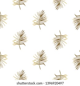 Golden palm leaf seamless pattern background. Gold tropical foliage on white backdrop. Repeatable tile for decoration summer vacation ads. 