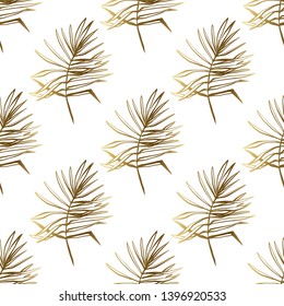 Golden palm leaf seamless pattern background. Gold tropical foliage on white backdrop. Repeatable tile for decoration summer vacation ads. 