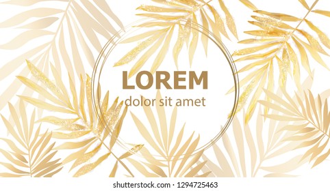 Golden Palm leaves card frame Vector watercolor. Tropic exotic texture. Gold shiny decors