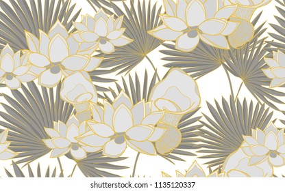 Golden palm leaves and lotus flowers. Big leaves and exotic flowers composition. Vector illustration. Botanical seamless wallpaper. Digital nature art. Cartoon style sketch. White background.