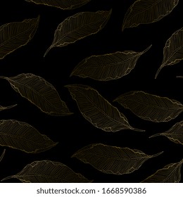 Golden palm leaves on a black background. Simple seamless vector pattern.