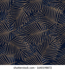 Golden palm leaves on deep blue background seamless pattern. Art deco style.