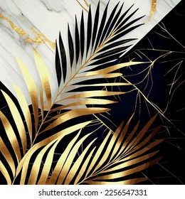 Golden palm leaves on white and black marble background, template, postcard - Vector illustration