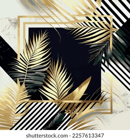 Golden palm leaves on white and black marble background, template, postcard - Vector illustration