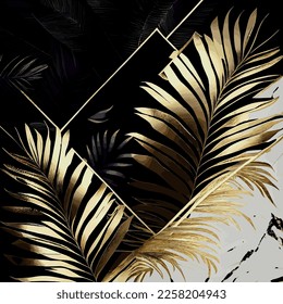 Golden palm leaves on white and black marble background, template, postcard - Vector illustration