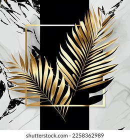 Golden palm leaves on white and black marble background, template, postcard - Vector illustration