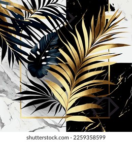 Golden palm leaves on white and black marble background, template, postcard - Vector illustration