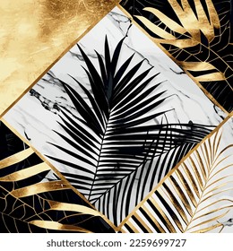 Golden palm leaves on white and black marble background, template, postcard - Vector illustration
