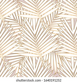 Golden palm leaves seamless pattern on white background. Art deco style.