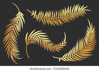 Hojas de palma doradas. Rama de árbol de coco de Vector aislada sobre fondo negro. Conjunto de follaje realista exótico. Abstractas decoración para invitaciones de lujo y diseño de presentación. Colección gráfica botánica