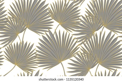 Golden palm tree. Big leaves and exotic flowers composition. Vector illustration. Botanical seamless wallpaper. Digital nature art. Cartoon style sketch. White background.